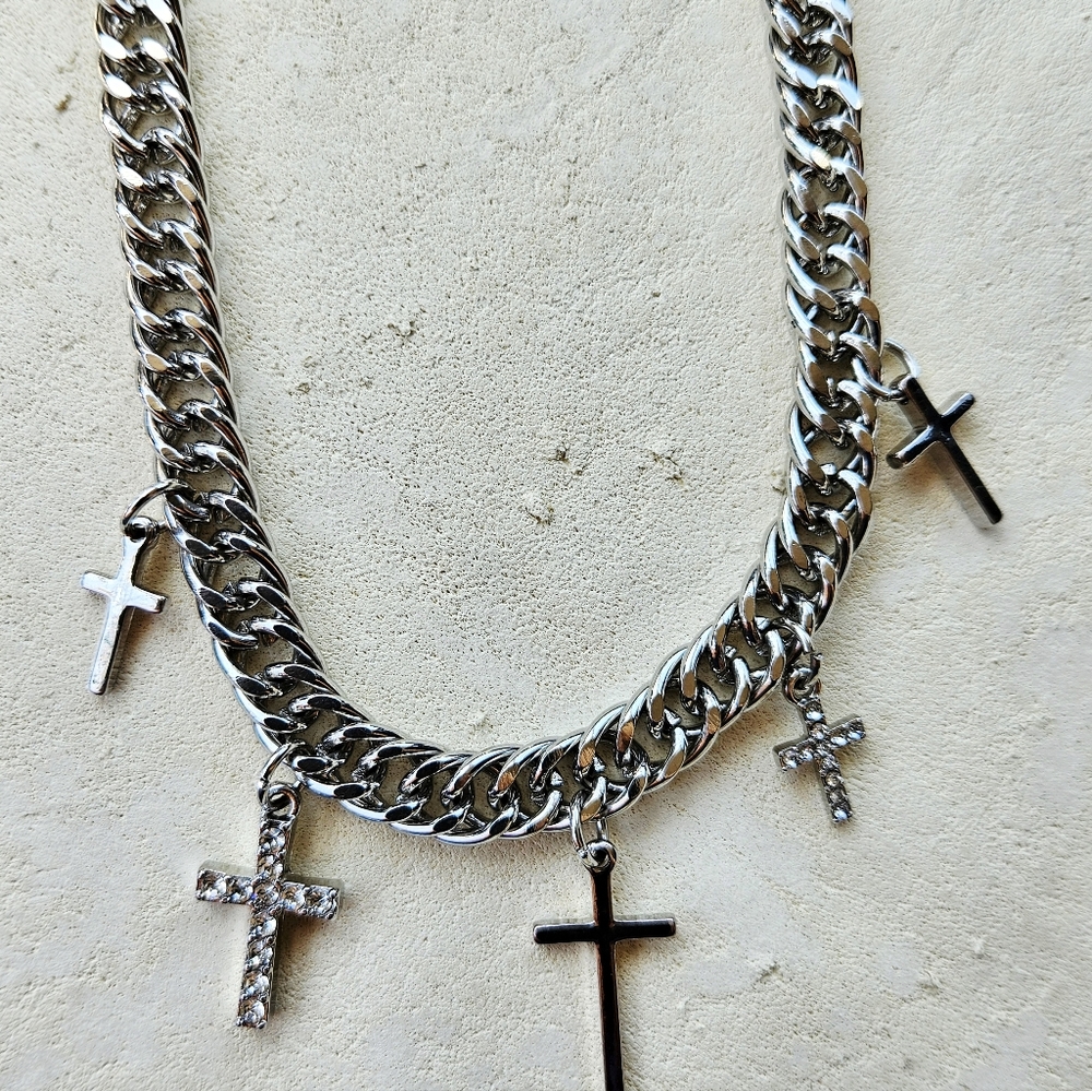 Cross Charmed Chain Necklace with Clear Rhinestones Choker-style Gothic Unisex